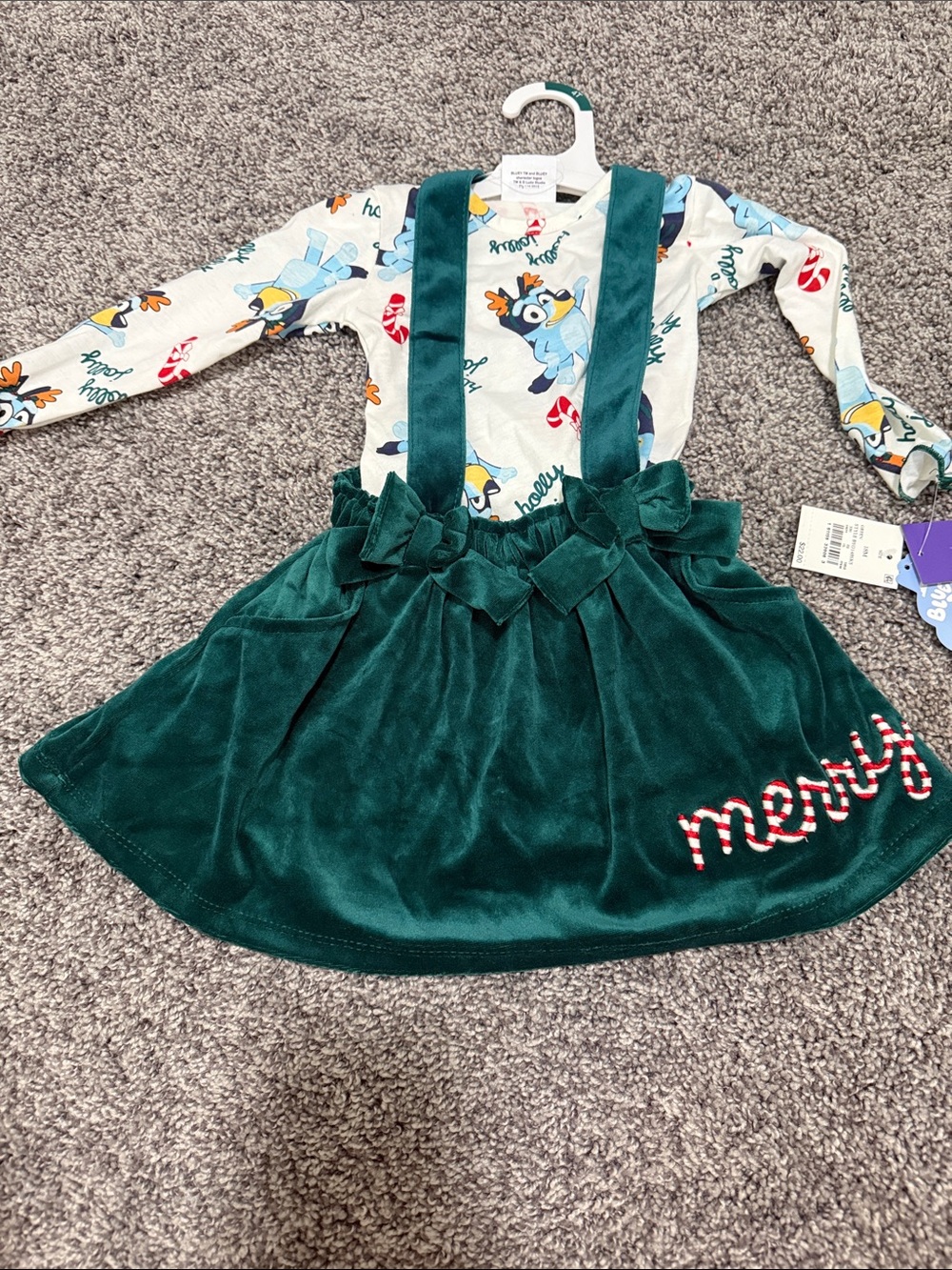 Kids Green Velvet Suspender Skirt with 'Merry' Embroidery